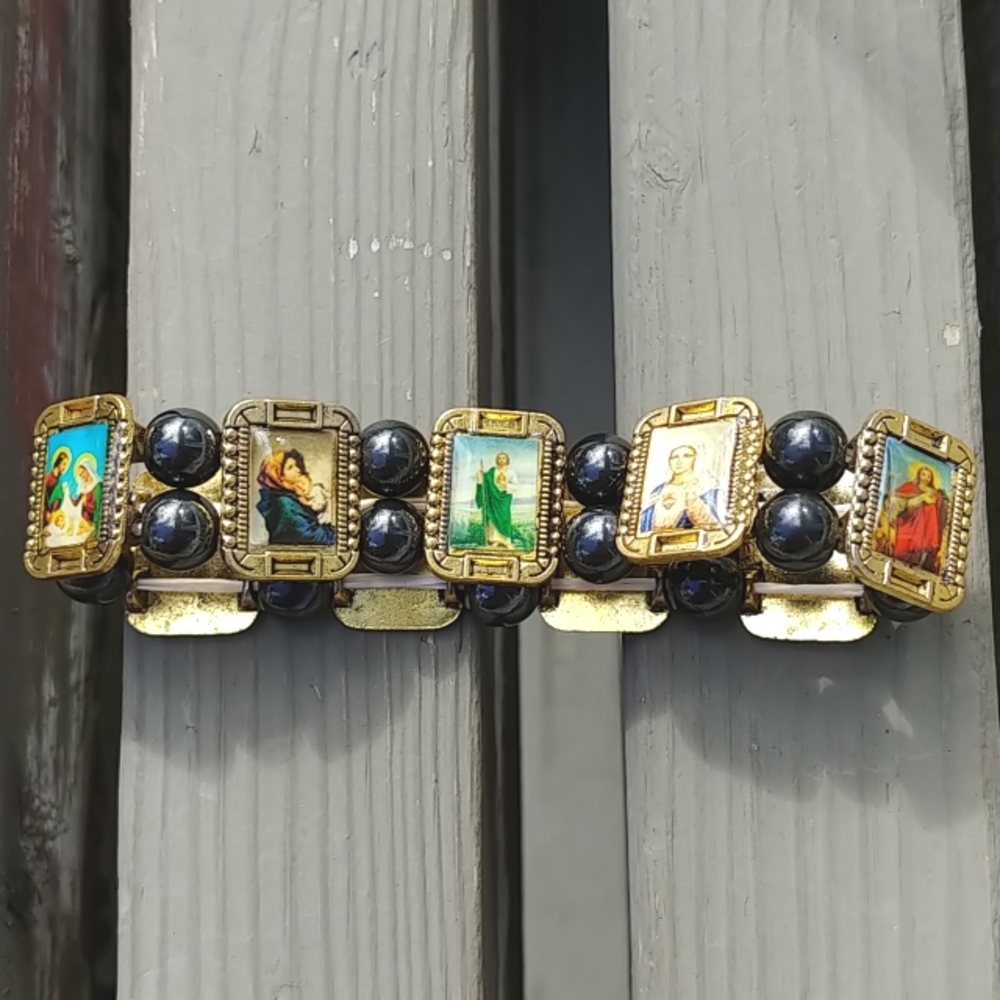 Religious mini framed pictures bracelet with hematite beads